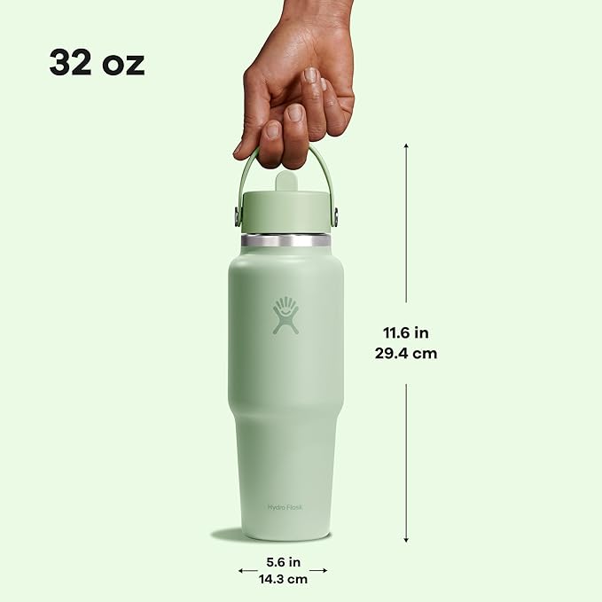 Hydro Flask Travel Water Bottle - Insulated Stainless Steel - Wide Straw Lid, Non Spill, Leakproof in 32 Oz Aloe Green