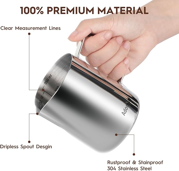 Milk Frothing Pitcher 350ml/600ml/900ml/1500ml (12oz/20oz/32oz/50oz) Steaming Pitchers Stainless Steel Milk/Coffee/Cappuccino/Latte Art Barista Steam Pitchers Milk Jug Cup with Art Pen,12oz
