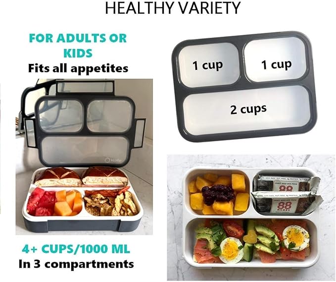 Bento Lunch Box For Adults, Kids | Leakproof Meal Prep Portion Control Boxes Japanese Style for Boys Teens 3 Compartment Slim Container For Work, School | Eco-friendly Divided Containers, Grey - Black