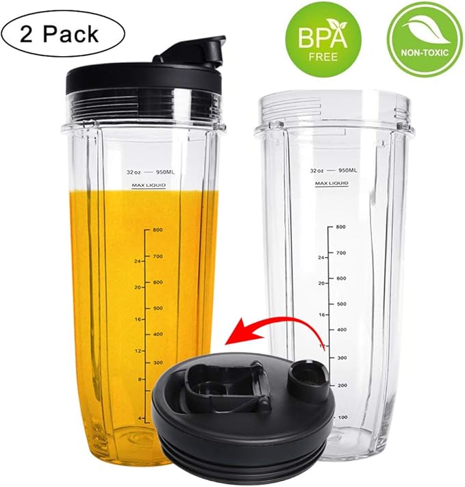 24OZ Replacement Blender Cup with To-GO Lids for Ninja, 2-Pack Replacement Parts Compatible with Ninja BL450 BL456 BL480 BL482 BN401 BN751 BN801 SS151 SS401