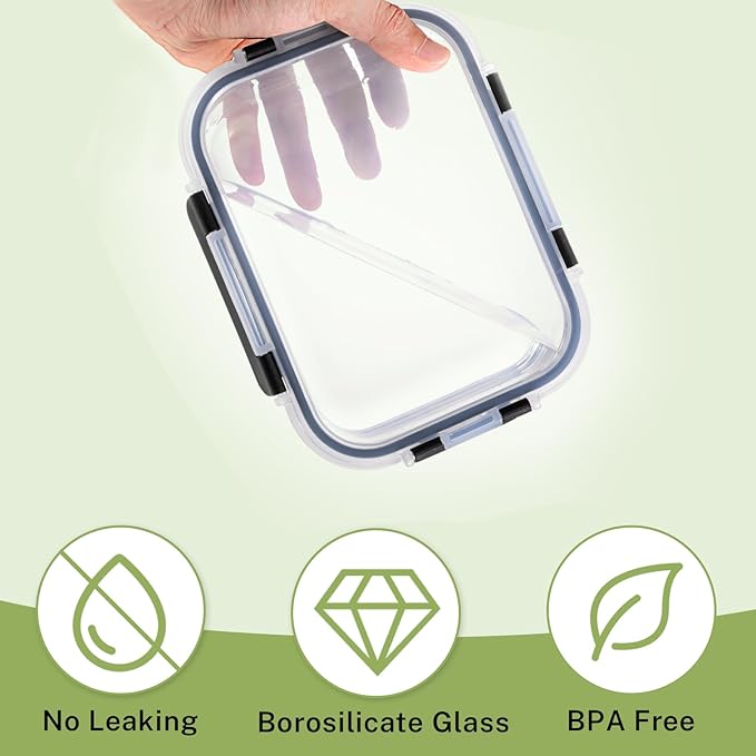 8 Pack Borosilicate Glass Food Storage Containers with Lids, Glass Meal Prep Containers, Airtight Bento Lunch Boxes with Leak Proof Locking, Oven, Freezer and Dishwasher Safe, BPA Free, 5-35oz