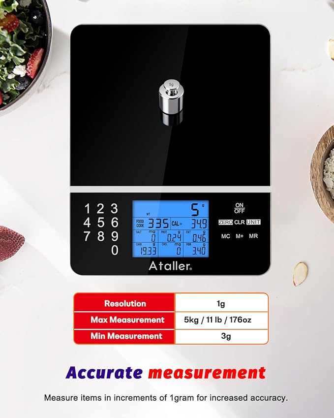 Ataller Food Scale with Nutritional Calculator, Kitchen Diet Scale, Digital Food Calorie Counting Scale for Meal Prep, Kitchen, Baking, Weight Loss, Resolution 1g, Max 5kg 11Ib, Tempered Glass, Black