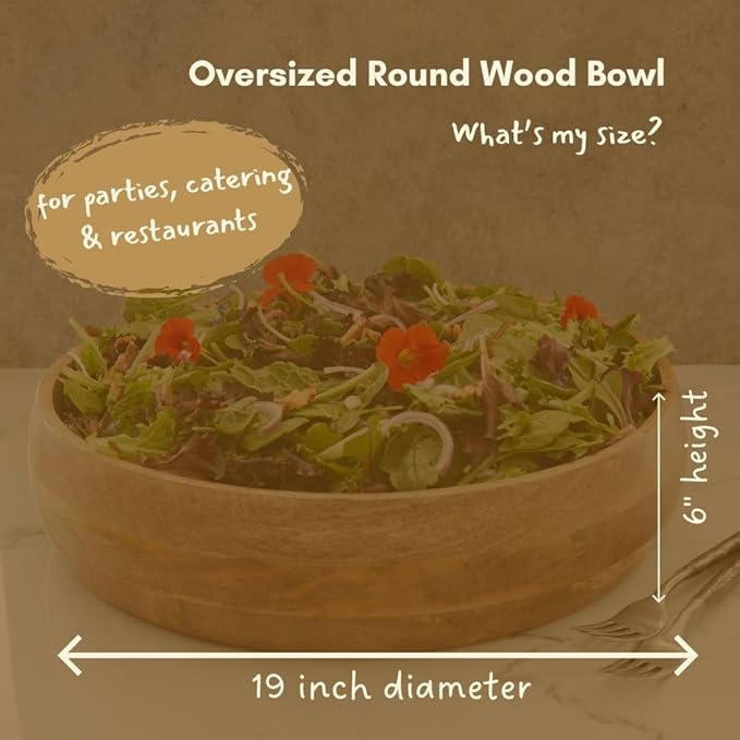 Oversized Salad Bowl, 19" Wide, Big Serving Dish for Pasta, Cut Fruit, Party, Catering, Wedding, Restaurant, Kitchen Countertop Fruit Bowl, Farmhouse Style, Mango Wood
