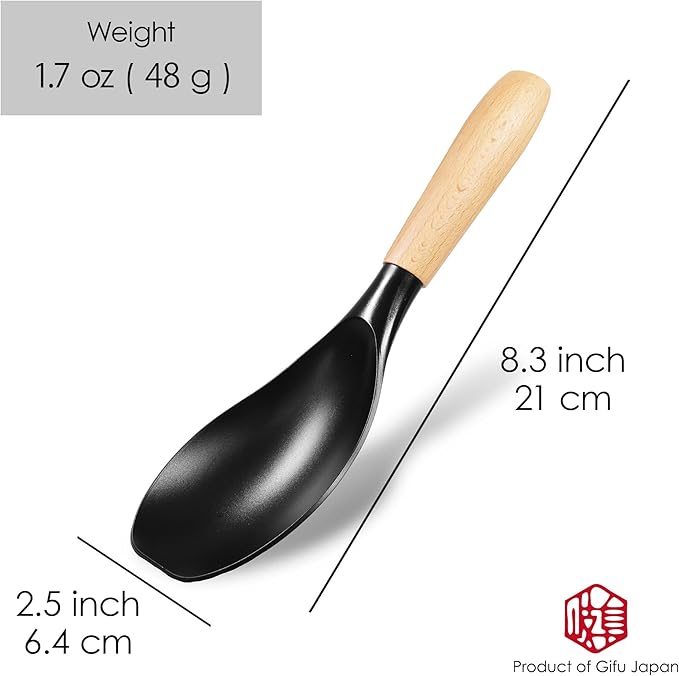 Seki Japan Stylish Kitchen Tool, Flexible Non Stick Heat Resistant Nylon Cooking Spoon, Wooden Handle Basting Spoon for Soup, Salad, Stirring, Mixing