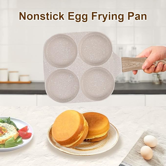 Fried Egg Pan, Egg Frying Pan 4 Cups Egg Poacher Pan Nonstick Mini Pancake Pan Burger Maker for Breakfast, Aluminum Alloy (White)