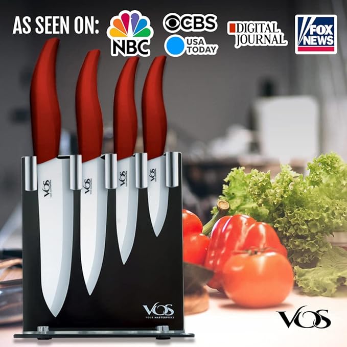 Vos Ceramic Knife Set, Ceramic Knives Set For Kitchen, Ultra Sharp Kitchen Knife Set with Covers, 3" 4" 5" 6" Paring, Santoku, Chef Knife & Utility, Lightweight, Dishwasher safe (Red with Block)