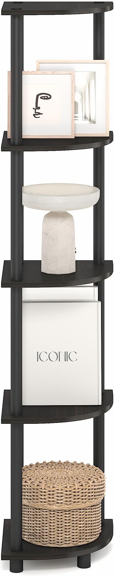 Furinno Turn-N-Tube Corner Shelf, 5-Tier Corner Bookshelf, Open Storage Shelves, for Organization and Storage, Living Room, Home Office, Garage, Bedroom, Black Espresso