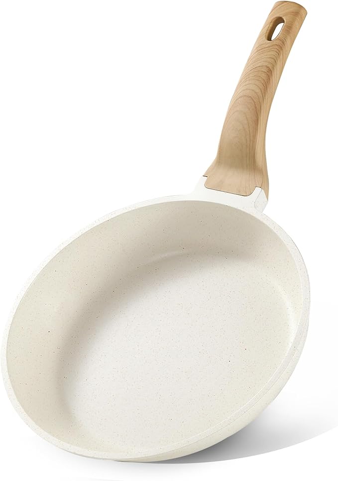 CAROTE Non Stick Frying Pan Skillet, Omelet Pan, Healthy Non Toxic Granite Chef Pan, Induction Compatible Egg Frying Pan with Heat-Resistant Handle, PFOA-Free,Cream White, 10"