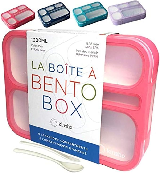 Bento-Box Lunch-box Containers for Kids Girls Toddler Women, 6 Compartment School Portion Container Kit, Meal or Snack Boxes for School Daycare Travel, BPA-Free Pink