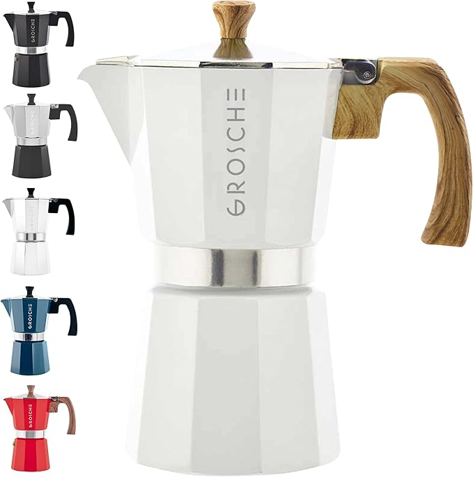 GROSCHE White Milano Stovetop Espresso Maker, 6 Cup – Premium Italian Coffee Maker, Classic Design, Durable Aluminum, Ideal for Coffee Lovers, Holiday Coffee Gift, Espresso Maker for Home Baristas