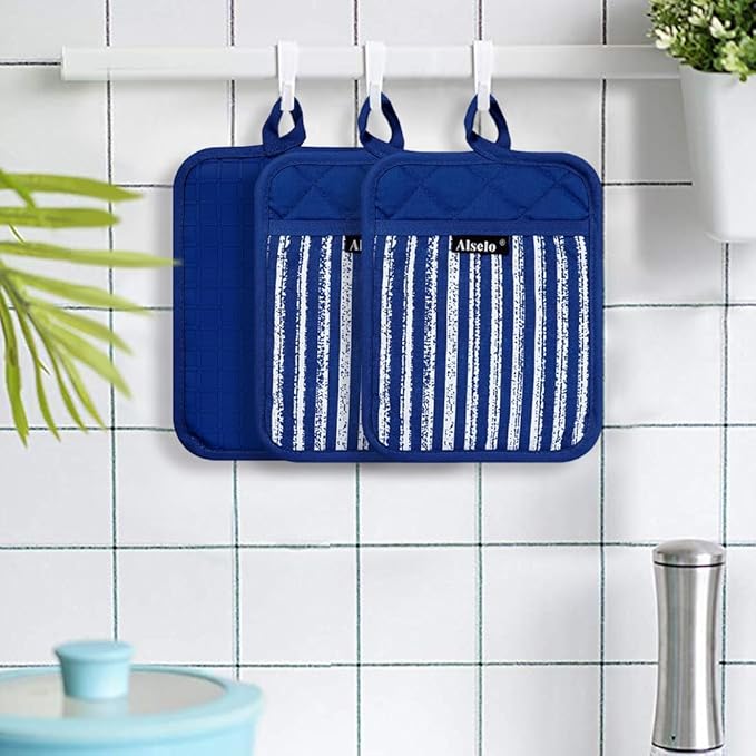 Silicone Pot Holders Set of 3 Heat Resistant & Non Slip Potholders, Professional Oven Hot Pads with Pockets Mitts for Kitchen Cooking Baking Barbecue (Cobait Blue, 3)