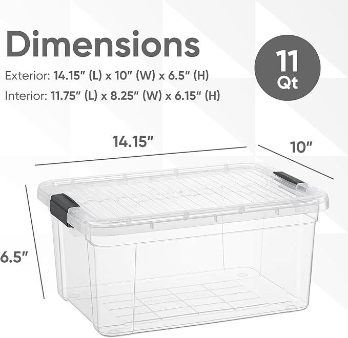 Superio Clear Plastic Storage Bin with Lid, 11 Qt, Non-Toxic, BPA Free, Odor Free, Organizer Storage Box, Stackable Plastic Tote for Home, Garage, School, and Office