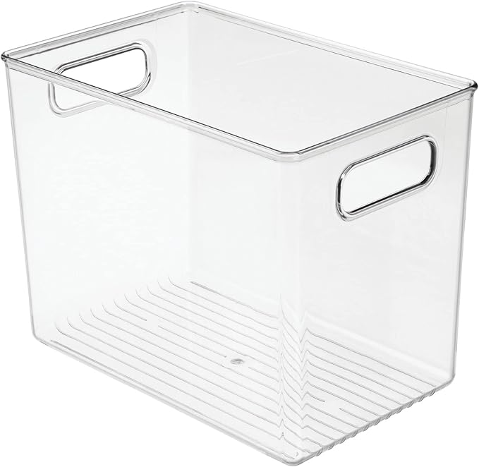 mDesign Plastic Deep Bathroom Storage Bin with Handles for Organizing Soaps, Shampoos, Conditioners, Body Wash, Serums, Oils, Supplements, Hair Styling Accessories, Ligne Collection - Clear