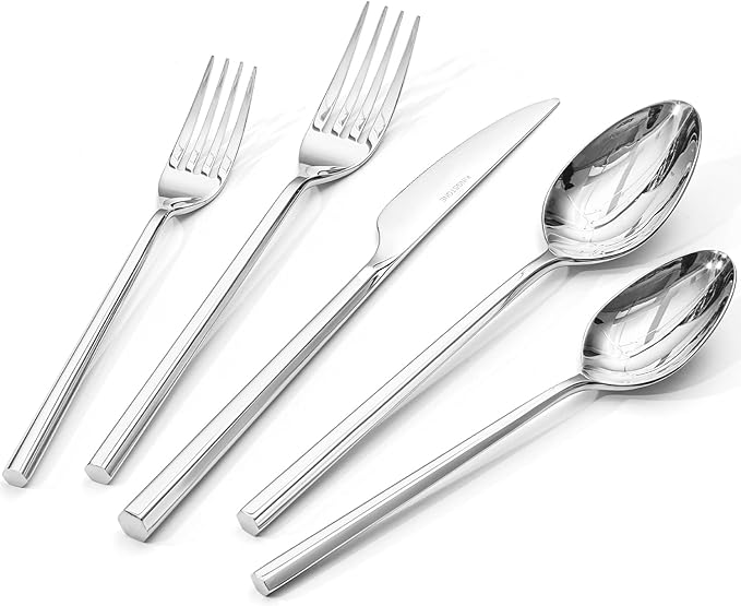 KINGSTONE 60-Piece Silverware Set, 18/10 Stainless Steel Flatware Cutlery Set with Hexagon Handle, for Hotel, Home, Party, Wedding Gift, Mirror Polish and Dishwasher Safe