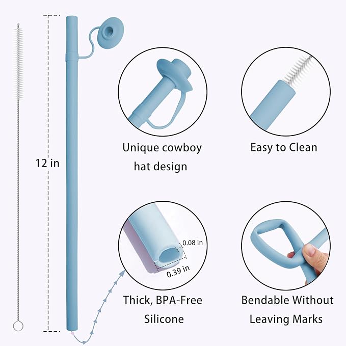 2PCS Reusable Silicone Straws with Cover, Bite-Safe, 12”Long Collapsible Drinking Straws for Stanley Owala Cups, Tumblers & Travel – Trim to Fit Any Cup (Blue)