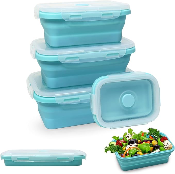 Alimat PluS 4 Assorted Size Set Silicone Food Storage Containers with Lids, 40.5oz, 27oz, 16.9oz and 11.8oz Collapsible Meal Prep Lunch Containers, Microwave, Freezer and Dishwasher Safe