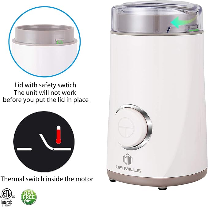 DR MILLS DM-7441W Coffee Grinder Electric, Coffee Bean and Dried Spice Grinder, One Touch Operation, Blade and Cup Made with SUS304 Stainless Steel (White)