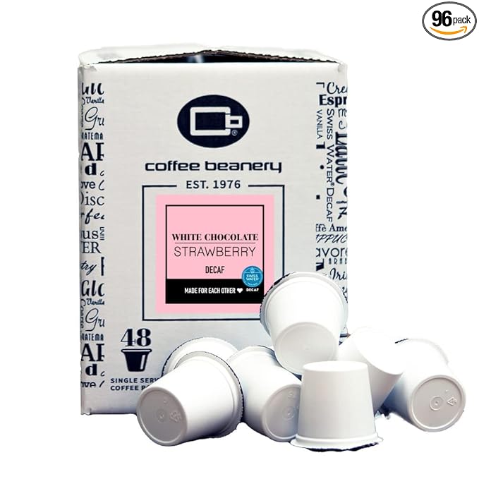 White Chocolate Strawberry Decaf Coffee Pods by Coffee Beanery | 96ct Bulk Flavored Decaf Coffee Pods Medium Roast Coffee