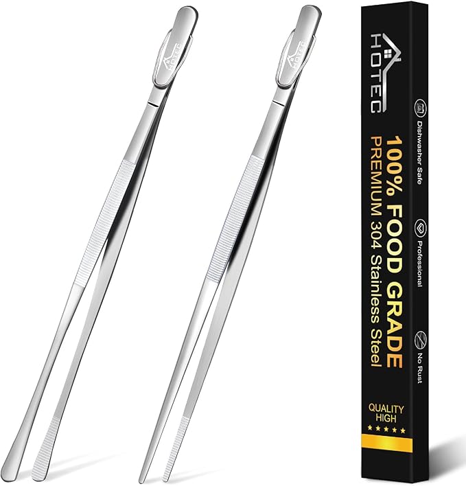 HOTEC Kitchen Tweezers Tongs Stainless Steel Professional Chef Tweezers, Set of 2-12inch Extra-Long Food Tongs for Cooking,Grill and Baking