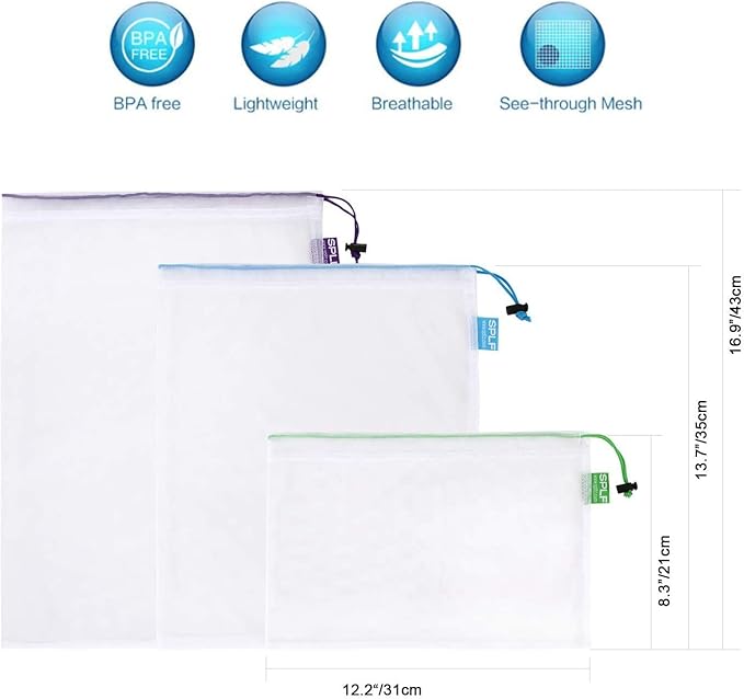 SPLF 18 Pcs Heavy Duty Reusable Mesh Produce Bags, Barcode Scanable See Through Food Safe Mesh Bags with Drawstring for Fruits, Vegetable, Food, Toys, Grocery Storage