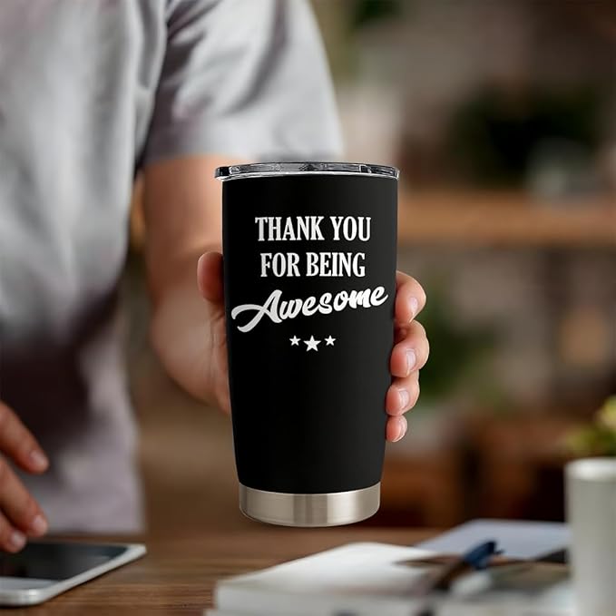 SANDJEST Thank You for Being Awesome Tumbler Gift Set - Birthday, Christmas, Appreciation Inspirational Gifts for Women, Men, Coworkers - 20oz Stainless Steel Insulated Coffee Travel Mug