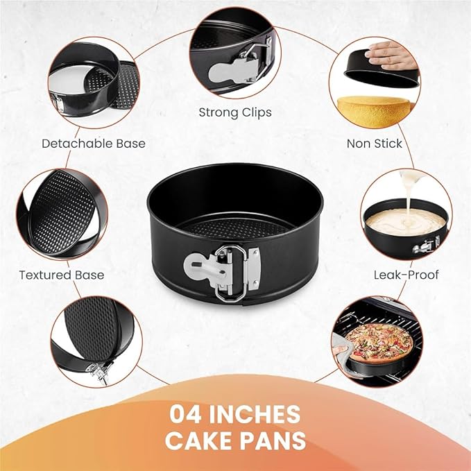 RFAQK 4-Inch Mini Cake Pans Set for Baking - Nonstick 4PCs Small Cheese Pans for Cheesecakes, Pizzas, Quiches, and More! Perfect for Baking Small, Smash, and Mini Treats