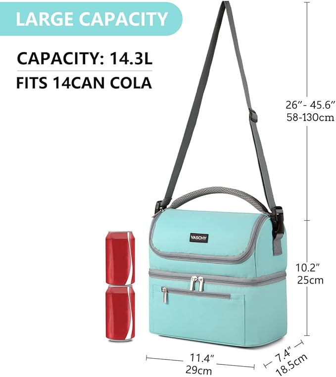 VASCHY Lunch Bag for Women, Insulated Lunch Box Leak-proof Cooler Bag in Dual Compartment Lunch Tote for Men, Women, 14 Cans (Turquoise)