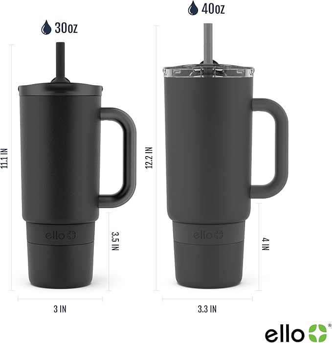 Ello Port 30oz Tumbler with Carry Loop & Integrated Handle | Vacuum Insulated Stainless Steel Reusable Water Bottle Travel Mug | Leak Proof Lid | Flexible Straw | BPA-Free | Dishwasher Safe | Black