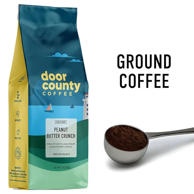 Door County Coffee Peanut Butter Crunch - Ground Coffee, Medium Roast - 10oz Bag, 100% Specialty Grade 1 Arabica