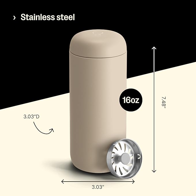 Fellow 16 oz Carter Move Travel Mug - Vacuum-Insulated Stainless Steel Travel Coffee Mug - Coffee Tumbler with Ceramic Interior and Splash Guard - Sand Dune