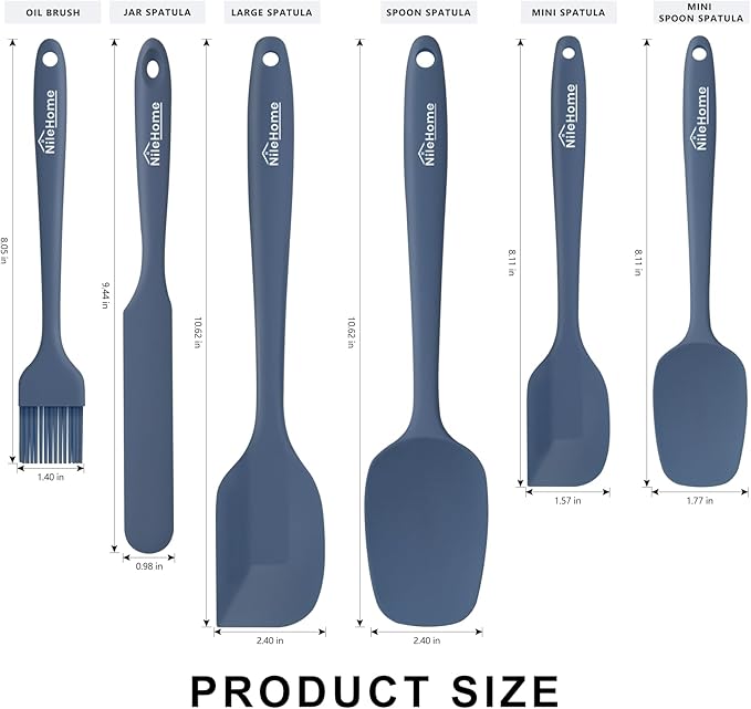 NileHome Silicone Spatula Set, 6 Packs Food Grade Kitchen Utensils with Silicone Brush Heat Resistant BPA-free Rubber Spatula for Scraping, Baking, Cooking, Mixing, Haze blue