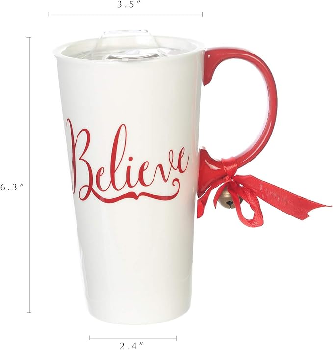Christmas Ceramic Mug Porcelain Coffee Cup with Tritan Lid and Box,17 oz Bell Decorated (Believe)