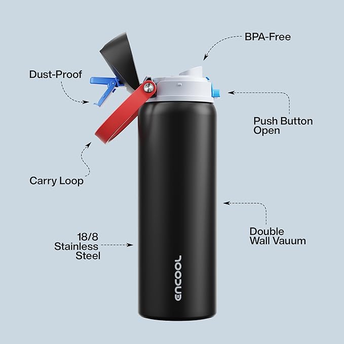 Insulated Water Bottle with Straw - Encool Stainless Steel Water Bottle with Push Button Lid, Leak-Proof & BPA-Free, Keeps Cold for 24 Hours for Sports, Travel, Gym (32 oz, Oil Black)