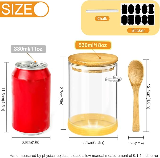 Spice Jars, Overnight Oats Containers with Airtight Lid and Spoon, Decorative Kitchen Canisters Set, Glass Storage Containers for Coffee, Tea, Sugar, Spice, Bath Salt, 18Oz/530ML (3PCS)