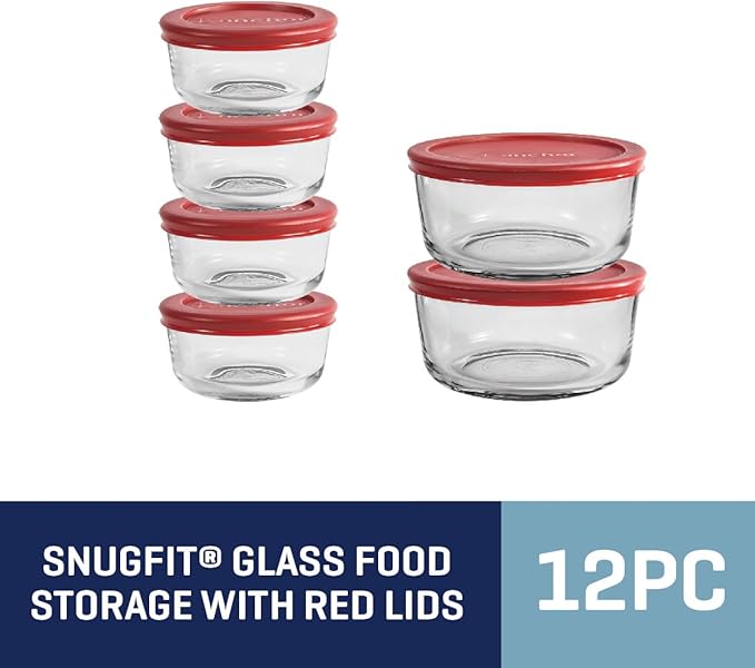 Anchor Hocking 12 Piece Glass Storage Containers with Lids (6 Glass Food Storage Containers & 6 Red SnugFit Lids)
