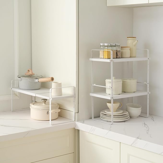 VEVOR Adjustable Kitchen Cabinet Shelf Organizer, Expandable 2 Tier Cabinet Shelf, Stackable Countertop Organizers and Storage Risers, Pantry for Kitchen Bathroom Office, White