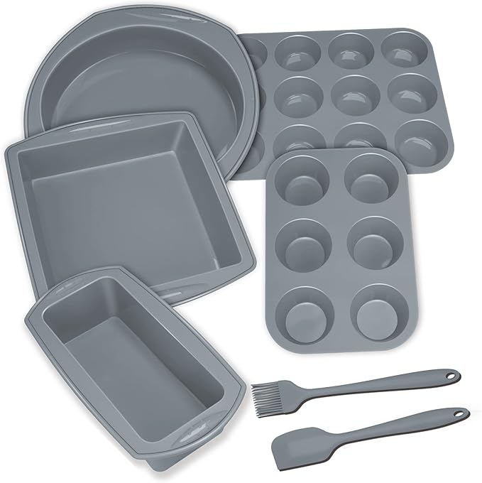 Economical 7in1 Nonstick Silicone Baking Cake Pan Cookie Sheet Molds Tray, Heat Resistant Bakeware Tools for Muffin Loaf Bread Pizza Cupcake