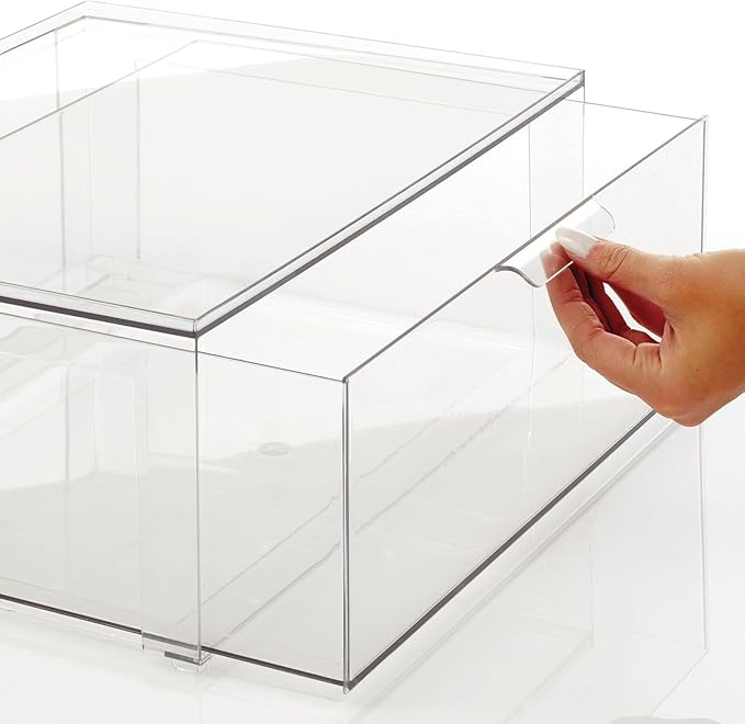 mDesign Plastic Stackable Kitchen Storage Organizer Bin Containers with Front Pull Drawer for Cabinet, Pantry, Fridge, Freezer, Shelf, Refrigerator Organization - Lumiere Collection - Clear
