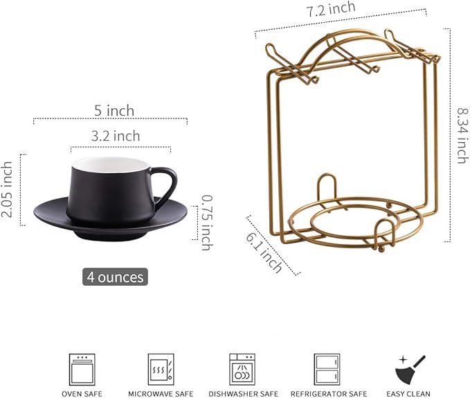 YHOSSEUN Ceramic Espresso Cups Set of 6, 4 Oz Expresso Shots Cup with Stand & Saucers, Small Coffee Espresso Cup Demitasse Cups, Black