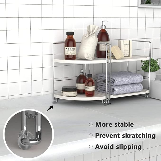 2-Tier Bathroom Countertop Organizer - Vanity Tray Cosmetic & Makeup Storage- Kitchen Spice Rack Standing Shelf - Corner Storage Shelf, Silver