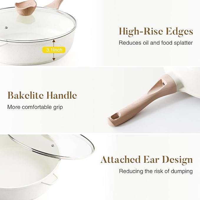Kordisen Nonstick Ceramic Deep Frying Pan, 12 Inch Non Toxic Large Skillet with Lid, 5 Qt Healthy Jumbo Cooker, Saute Pan for Cooking, Induction Cookware, PFOA & PFAS Free (Cream)
