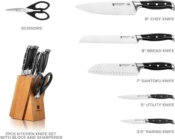 BRODARK Knife Set: 7 Piece Sharp Knife Set Without Steak Knives, Knives Set for Kitchen with German Stainless Steel & Ergonomic Handle, Acacia Wood Block with Built-in Sharpener, Ideal Gifts
