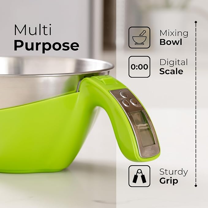 Fradel Digital Kitchen Food Scale with Bowl - 11lb, Grams & Ounces - Removable, Dishwasher-Safe Mixing Bowl - Green