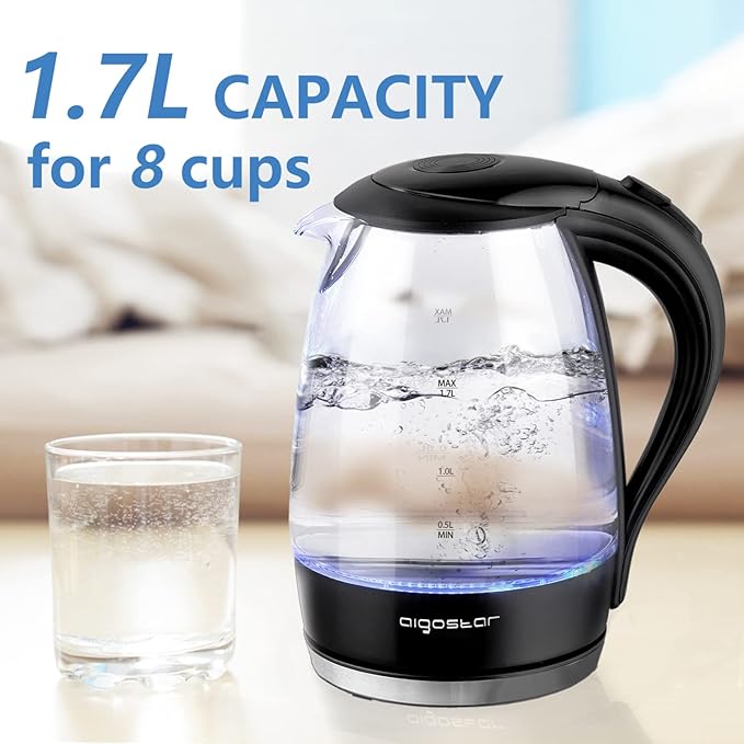 Aigostar Electric Kettle, 1500W Cordless Electric Tea and Hot Water Kettle with Filter, LED Illuminated, High Borosilicate Glass, No BPA, Auto Shutoff, Boil-Dry Protection, 360° Base, 1.7 Liter