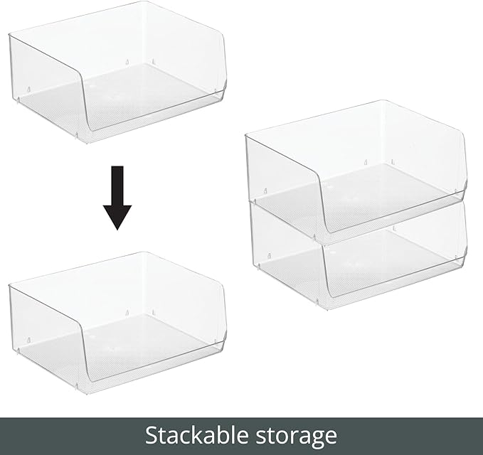 mDesign Extra Wide Stackable Plastic Food Storage Organizer Bin Basket with Open Front for Household Kitchen Cabinets, Pantry, Offices, Closets, Bedrooms, Bathrooms - 15.2" Wide, 2 Pack - Clear