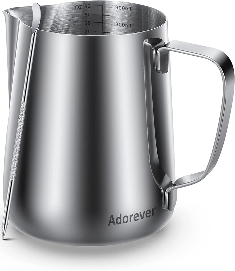 Milk Frothing Pitcher, 32oz Steaming Pitcher Stainless Steel Espresso Machine Accessories for Coffee Bar, Cappuccino Barista Tools Milk Jug Steamer Frother Cup with Decorating Latte Art Pen
