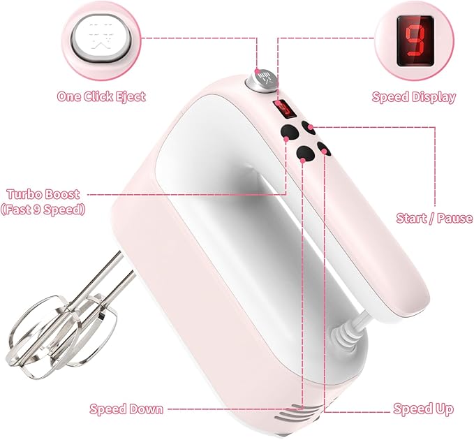 CBQ Hand Mixer Electric, 9 Speed 400W Handheld Mixer with Digital, Touch Button, Turbo, Storage Case, 5x Stainless Steel Accessories, Mixer Electric Handheld for Cake, Cookie, Egg (Pale Pink)