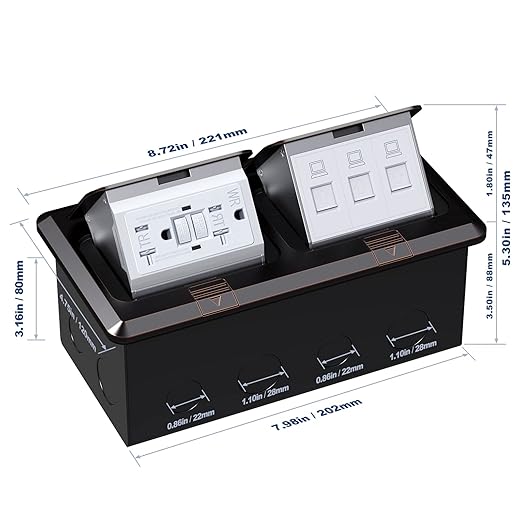KYHSHJ Dual Pop-Up Floor Electrical Outlet Box Kit，20 Amp Stainless Steel GFCI TR Receptacle Outlet，3-Port RJ45 Datacom Receptacle，Oil Rubbed Bronze
