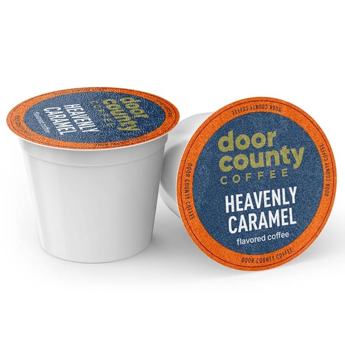 Door County Coffee Heavenly Caramel Flavored Ground - 10 Count Single Serve Cups - Medium Roast - 100% Specialty Arabica - Flavored Gourmet - Sweet & Buttery Caramel