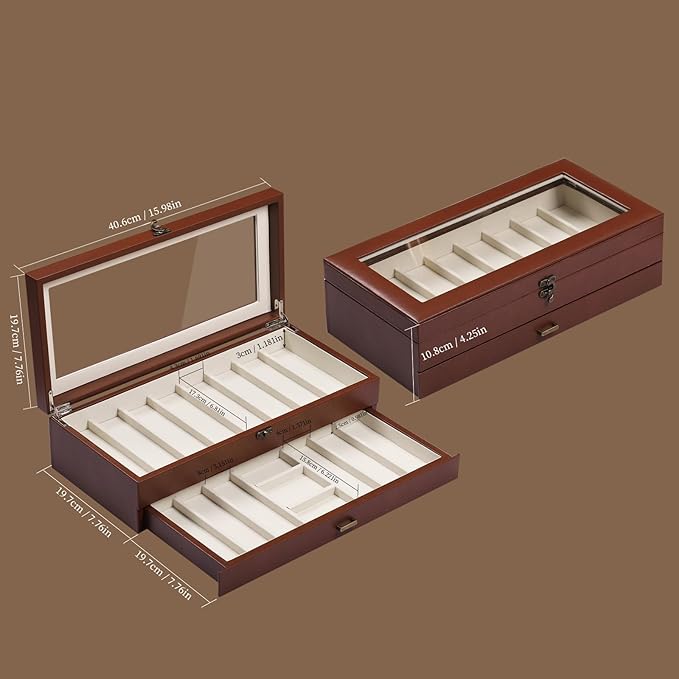AUTOARK 2-Tier PU Leather & Velvet Knife Organizer with 17 Slots,Transparent Glass Top & Drawer,Compact Storage for Pocket Knives,Perfect for Men's Collections & Gifts,Brown,MKAW017